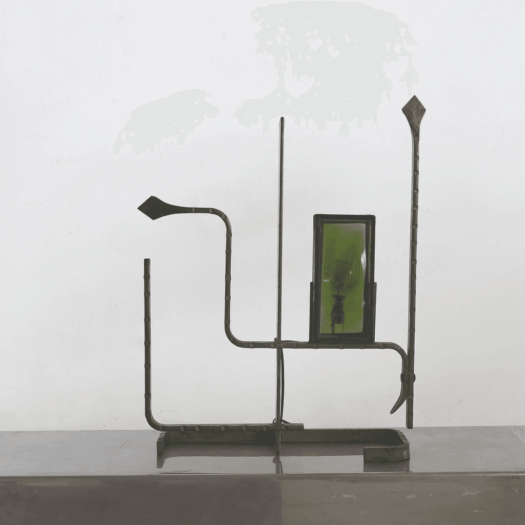 Unusual Forged Steel & Coloured Glass French Brutalist Lamp