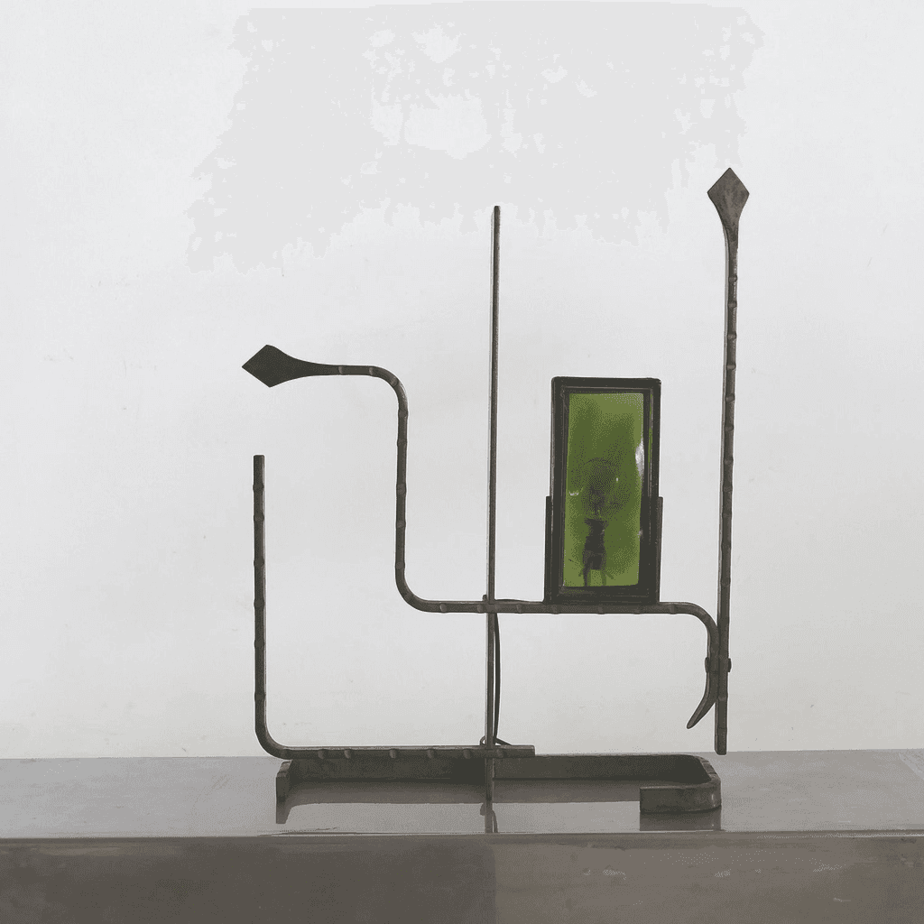 Unusual Forged Steel & Coloured Glass French Brutalist Lamp