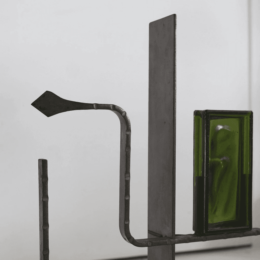 Unusual Forged Steel & Coloured Glass French Brutalist Lamp