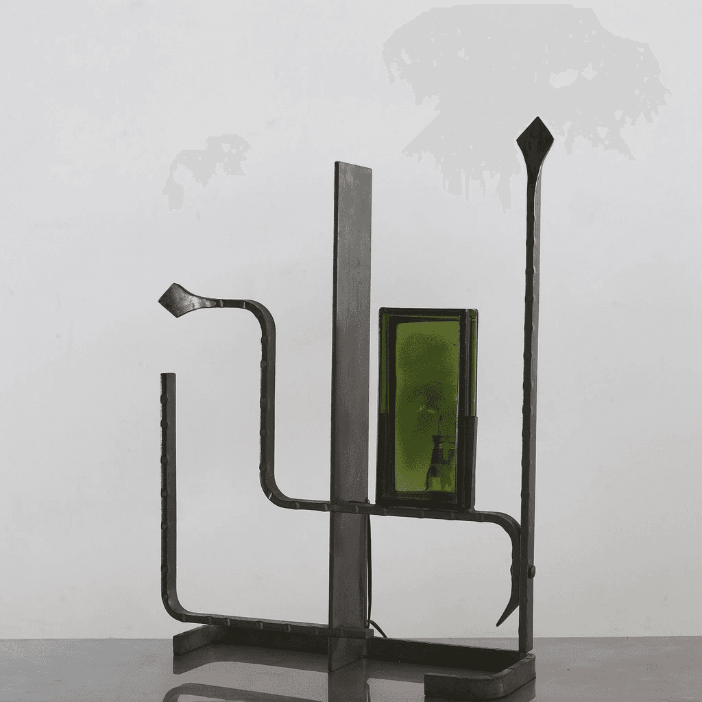 Unusual Forged Steel & Coloured Glass French Brutalist Lamp