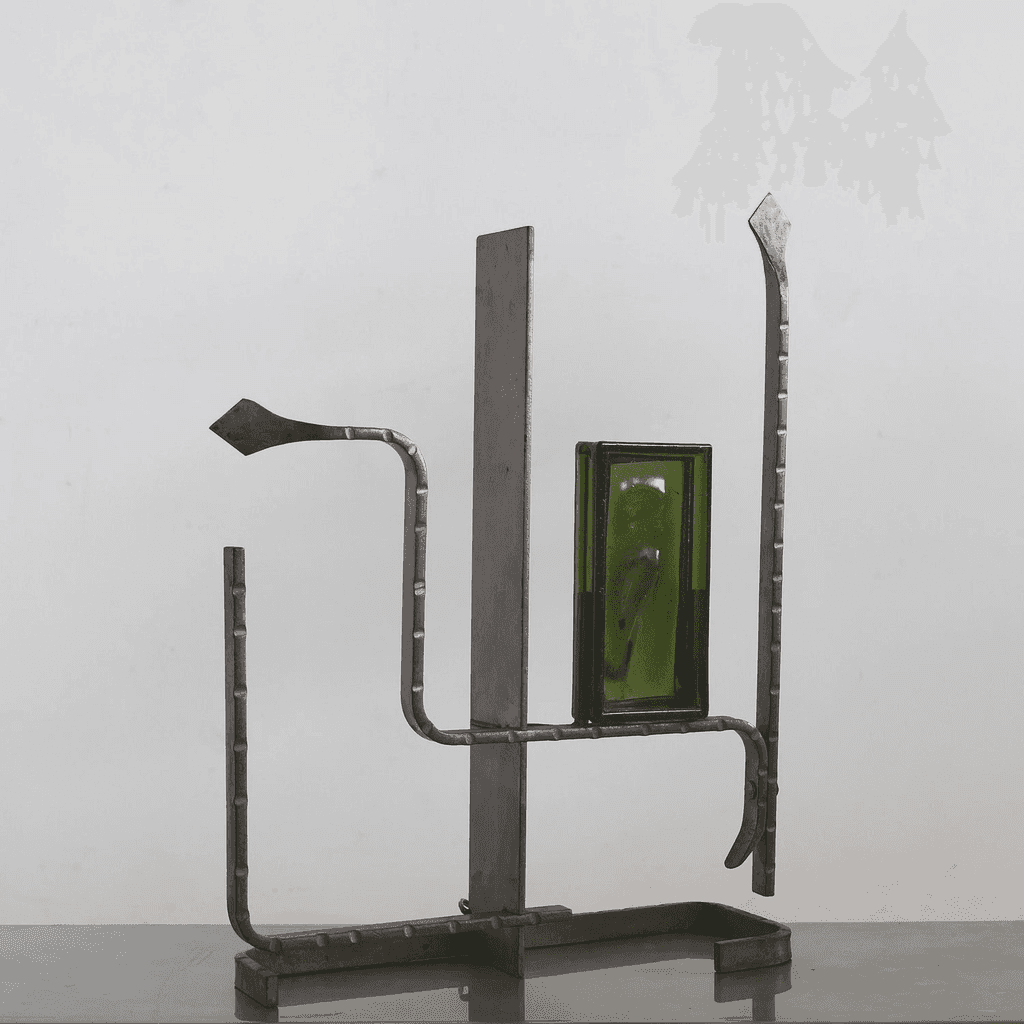 Unusual Forged Steel & Coloured Glass French Brutalist Lamp