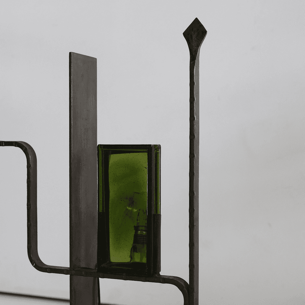 Unusual Forged Steel & Coloured Glass French Brutalist Lamp