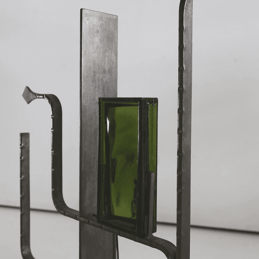 Unusual Forged Steel & Coloured Glass French Brutalist Lamp
