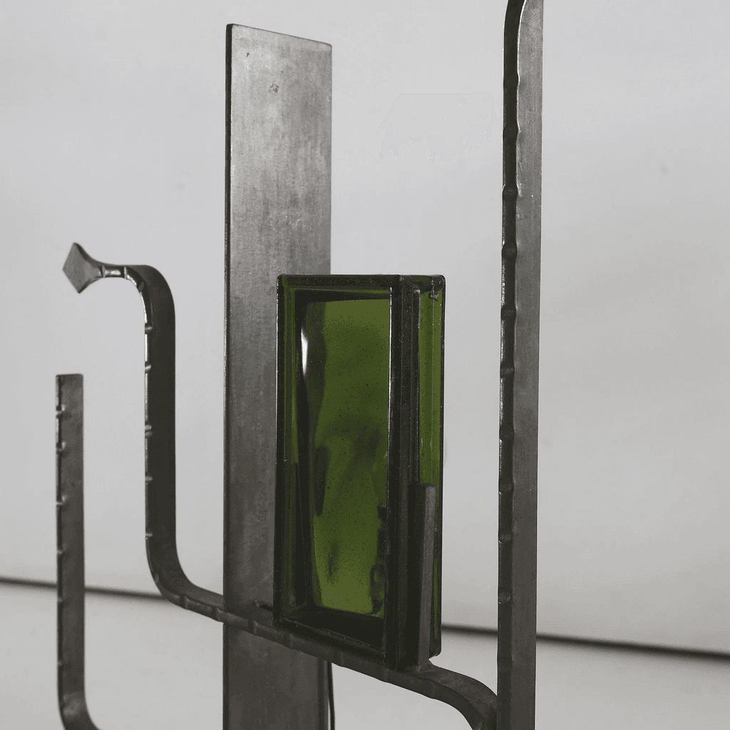 Unusual Forged Steel & Coloured Glass French Brutalist Lamp